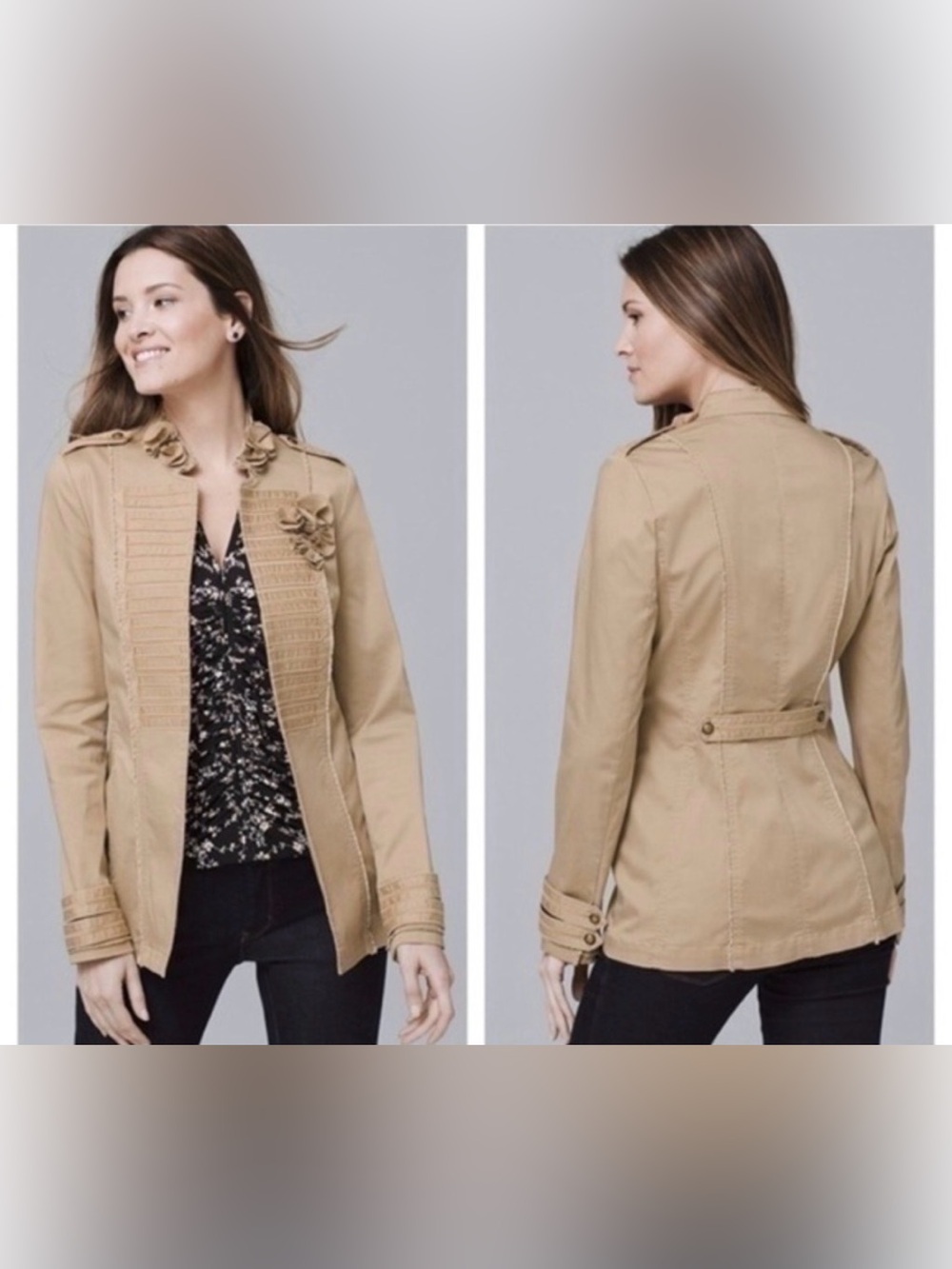 NEW White House Black Market Tan Military-Style Utility Jacket Floral Appliqué 6